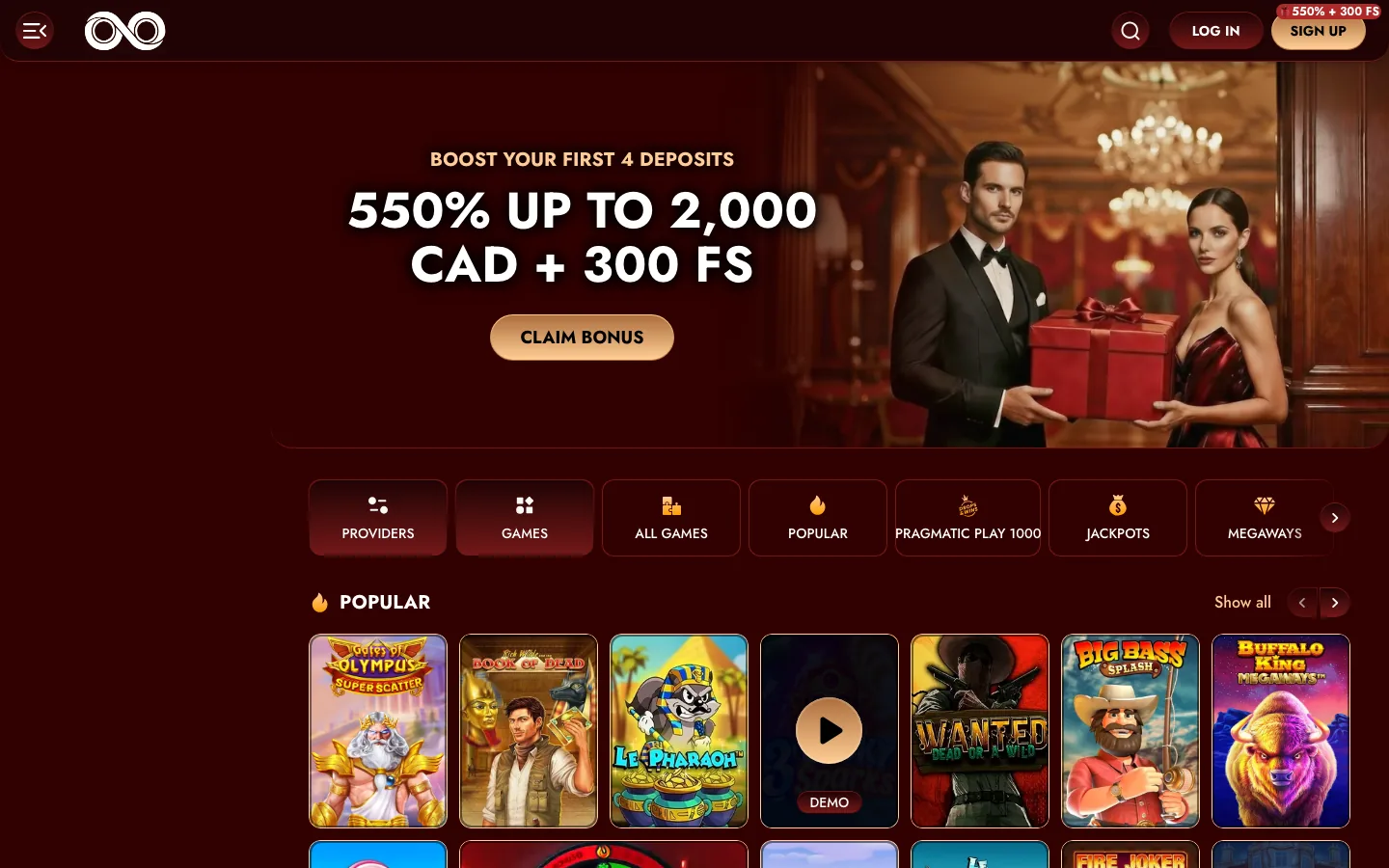Loonie Gold Casino homepage screenshot showing the 550% up to 2,000 CAD plus 300 free spins banner and a popular slots row