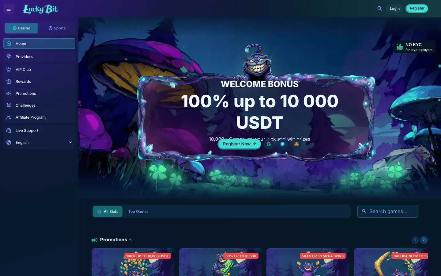 LuckyBit Casino homepage screenshot captured 4 September 2026, showing the welcome bonus and the no KYC badge