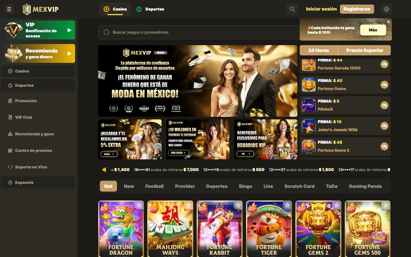 MexVIP Casino homepage screenshot showing the Spanish-language lobby, VIP rail and slot grid
