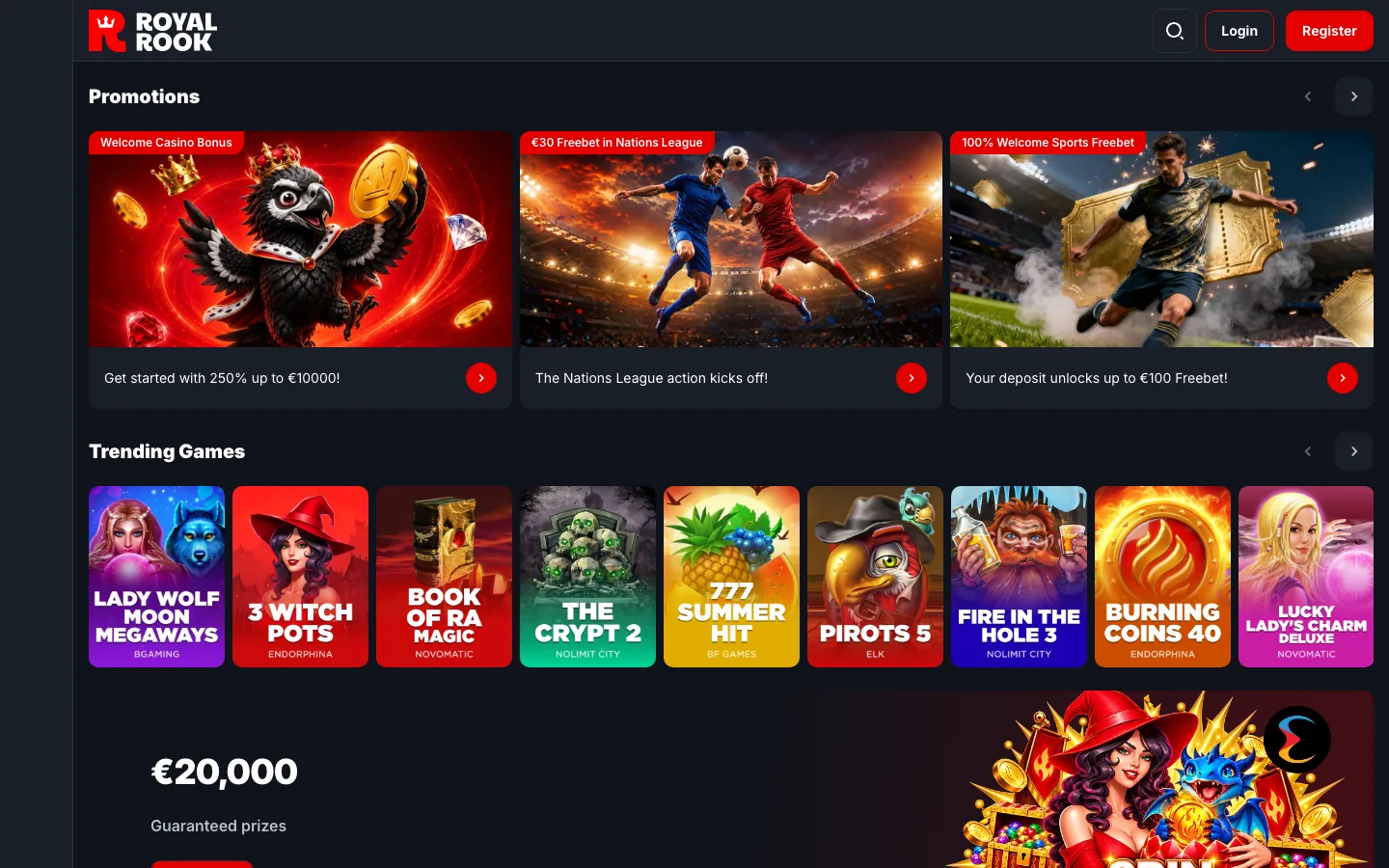 Royal Rook, a new online casino opened September 2026, real homepage screenshot showing the crowned eagle welcome banner, two sports freebet offers and a Trending Games row starting with Lady Wolf Moon Megaways
