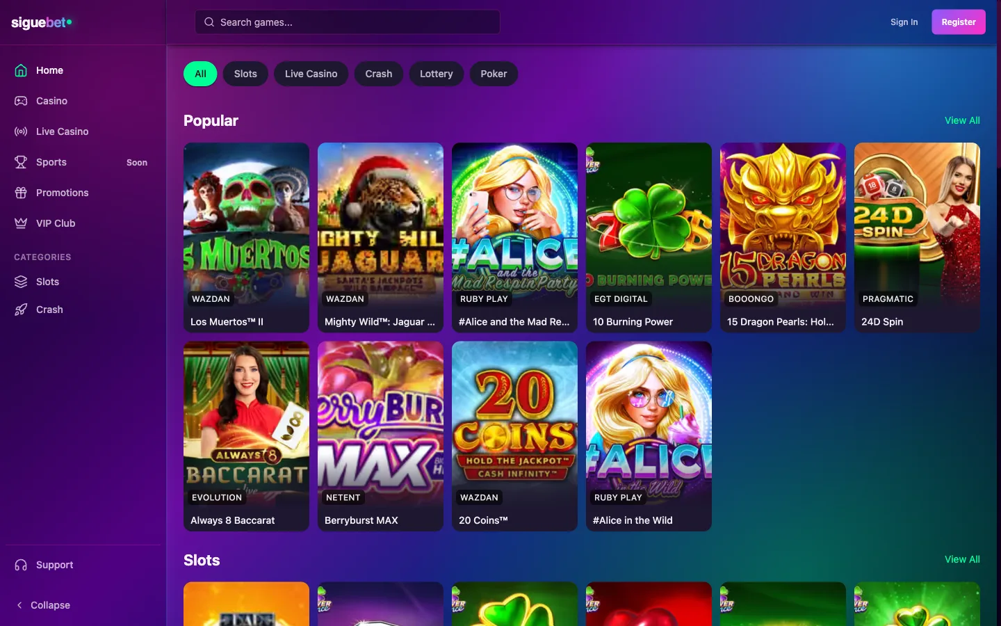 SigueBet Casino homepage screenshot, a new online casino in 2026, showing the Popular row with Los Muertos II, Mighty Wild Jaguar and Always 8 Baccarat beside the Casino, Live Casino and Sports Soon menu