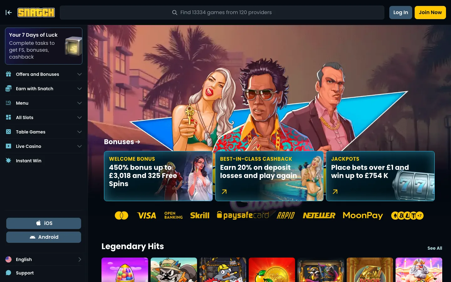 Snatch Casino real homepage screenshot, taken September 2026, showing three gangster characters under palm trees, the 450% welcome bonus, cashback and jackpot cards and a search bar offering 13,334 games from 120 providers