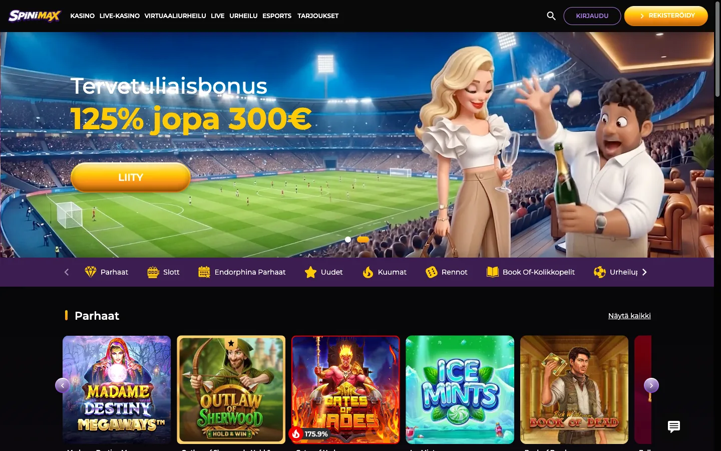 Spinimax Casino homepage screenshot from September 2026, showing the sports welcome banner, the category bar and a Parhaat games row led by Madame Destiny Megaways, Outlaw of Sherwood and Gates of Hades