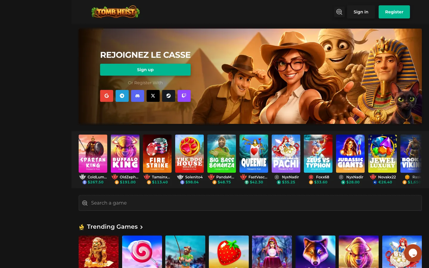 Tomb Heist Casino lobby screenshot, a new online casino opened in summer 2026, showing the Rejoignez le casse sign-up banner and a row of Pragmatic Play slots