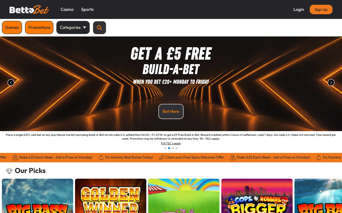 Bettabet casino homepage screenshot showing the Build-A-Bet banner and the Our Picks row, captured 5 October 2026