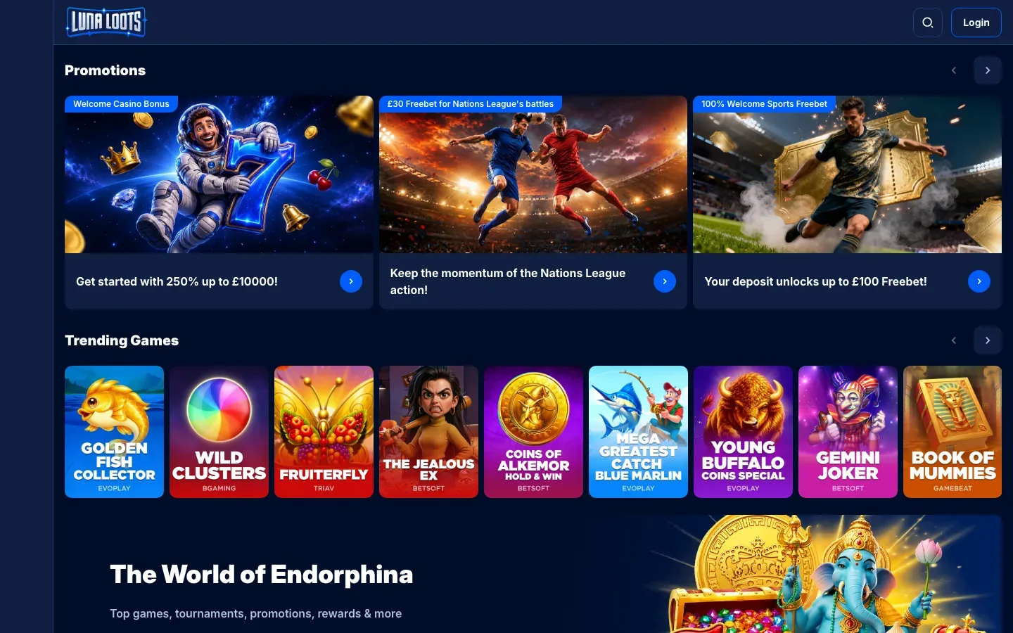 LunaLoots homepage screenshot showing the welcome promotions and the trending games row, captured October 2026