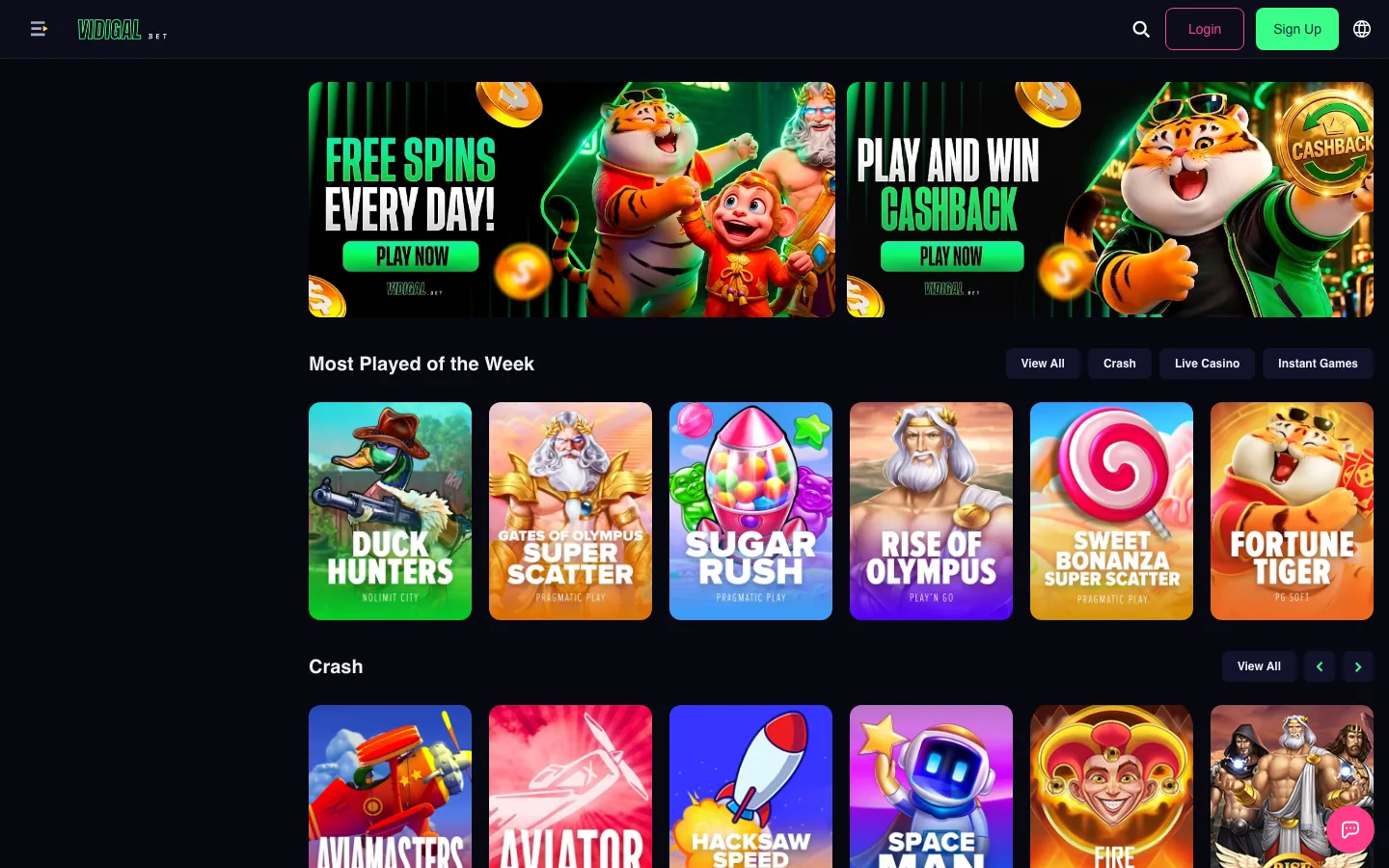 Vidigal homepage screenshot showing the promotions banners and the Most Played of the Week games row, captured October 2026